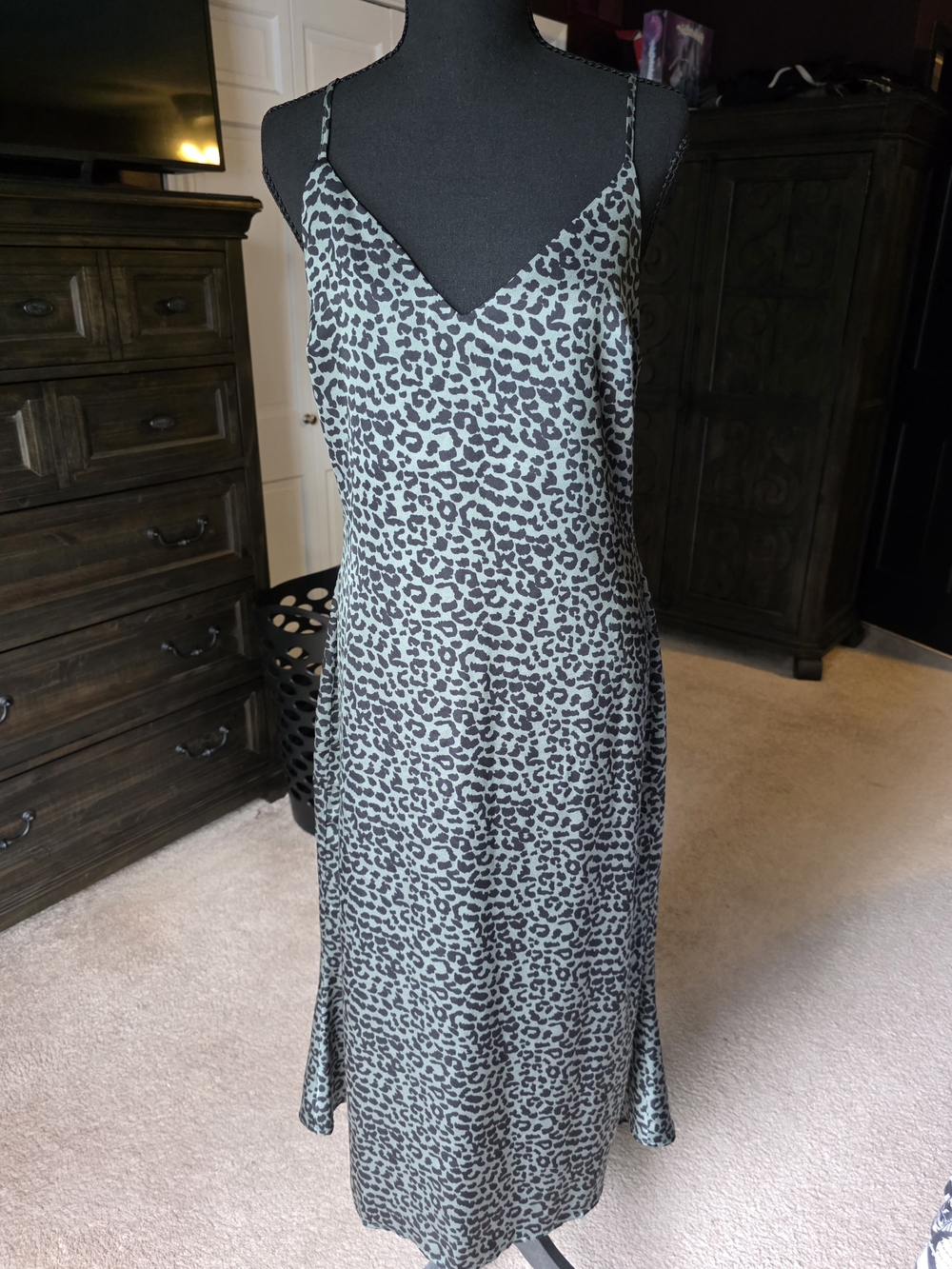 Cotton Candy LA Leopard Print Satin Slip Dress Large Olive Green Midi Tie Back